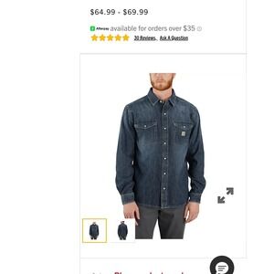 Carhartt Mens Fort Lightweight Denim Western Shirt Pearl Snap Blue S103337-432
